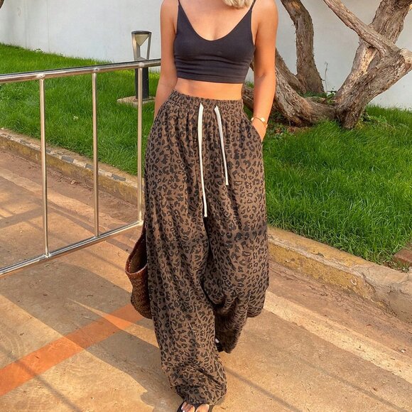 Pants - Brown Casual Women's Leopard Print comfy Long Pants
